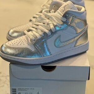 NIB Nike White and Silver Sneakers Air Jordan 1 Mid Women size 8
